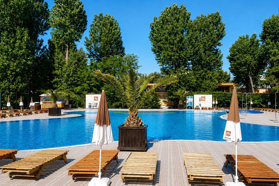 Piscina Hotelului Palas ziua: șezlonguri de lemn, umbrele și copaci în jurul bazinului